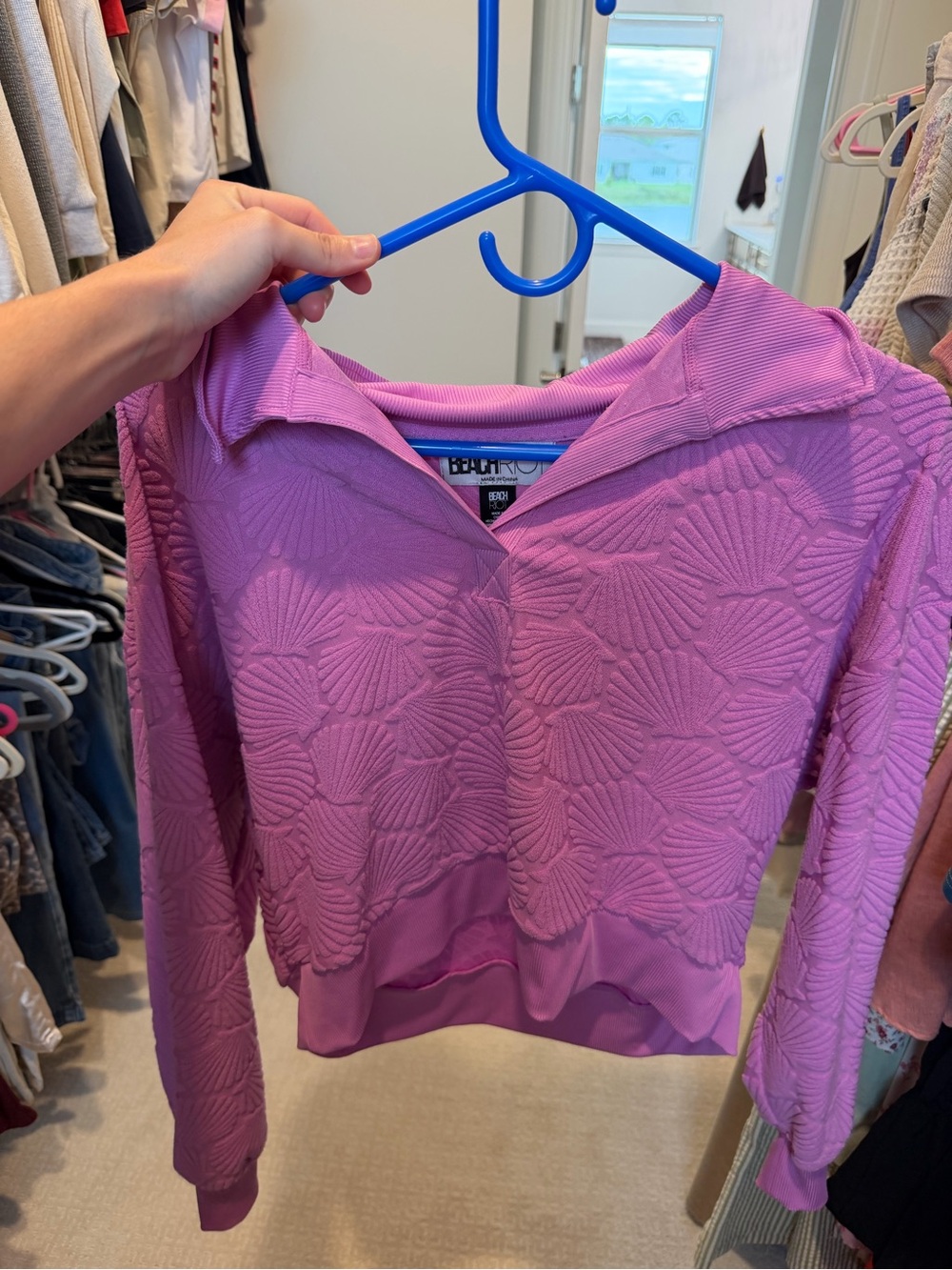 Beach Riot Pink Shell Textured Knit Collared Pullover